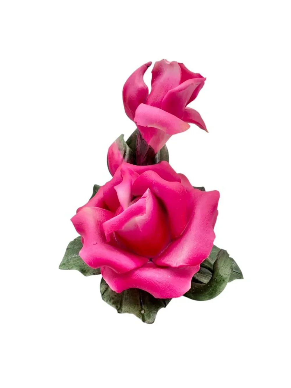 Capodimonte Rose Porcelain Figurine Dk Pink Green Made In Italy Original Box
